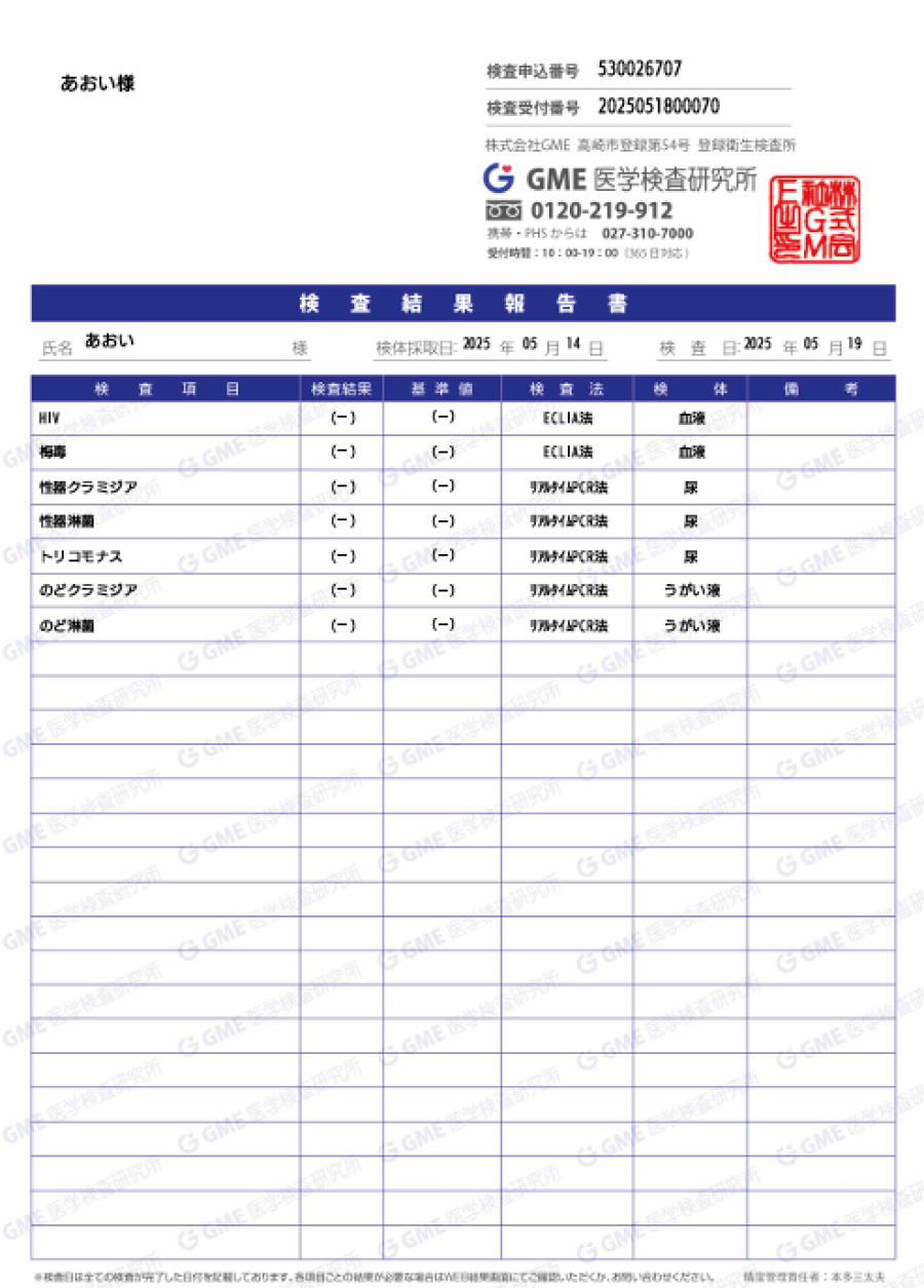 あおいの性病検査証明書